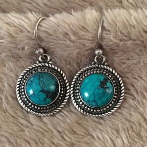 BARSE Round Oxidized Sterling Silver Turquoise Rope Braid Design Drop Earrings